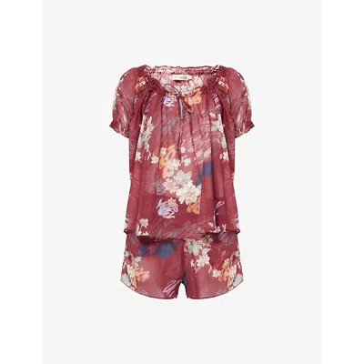 Desmond And Dempsey And Dempsey Womens Red Idyllic Floral Cotton Pyjama Set