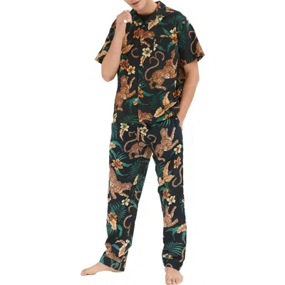 Desmond & Dempsey Cheetah Print Short Sleeve Cotton Pajamas In Green