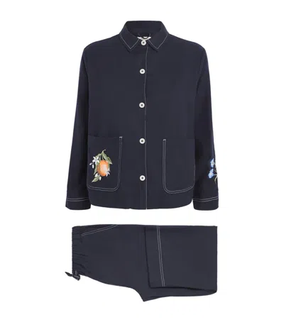 Desmond & Dempsey Cotton Primavera Pyjama Set In Blue