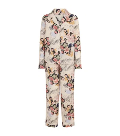 Desmond & Dempsey Organic Cotton Love Print Long Pyjamas In Neutral