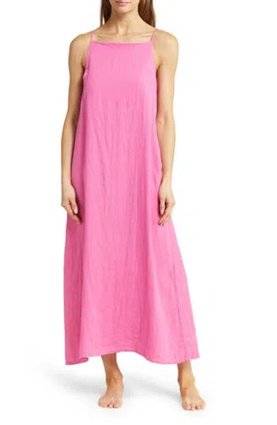Desmond & Dempsey Print Square Neck Nightgown In Plain Linen Cerise