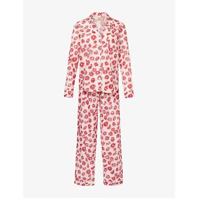 Desmond And Dempsey Floral-print Long-sleeve Cotton Pyjama Set In Pink/red