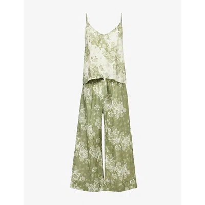 Desmond And Dempsey Floral-print Wide-leg In Sage & Green