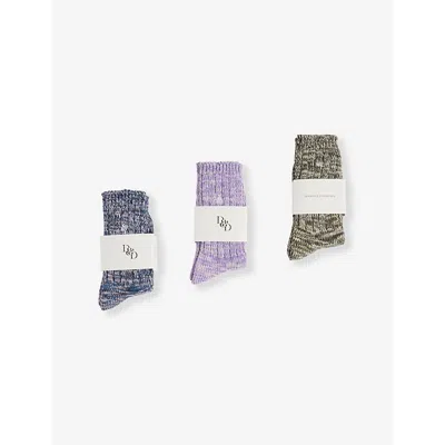 Desmond And Dempsey Womens  Brand-embroidery Pack Of Three Organic-cotton Blend Knitted Socks In Green & Navy & Lavender