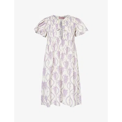 Desmond And Dempsey Womens  Alpen Flora Pleated Organic-cotton Nightdress In Cream Violet