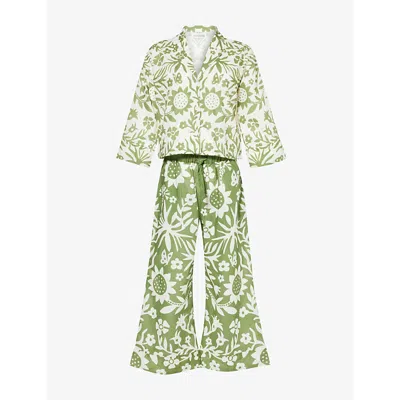 Desmond And Dempsey Womens  Fabelei Boxy-fit Cotton Pyjama Set In Cream & Green