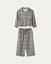 Desmond & Dempsey Long Sleeve Linen Pajamas In Gingham Linen Black/white