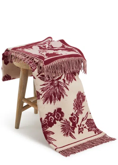 Desmond & Dempsey Floral-intarsia Fringed Wool Blanket In Red