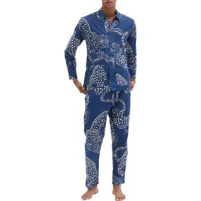 Desmond & Dempsey Leopard Print Long Sleeve Cotton Pajamas In Blue