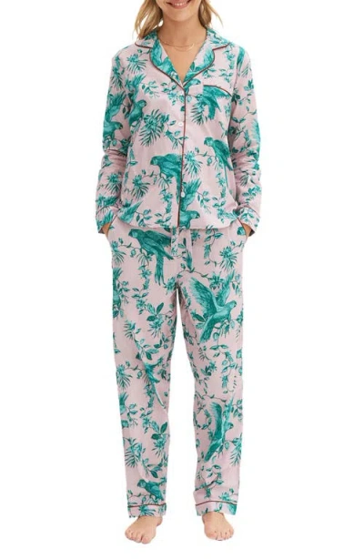 Desmond & Dempsey Parrot-print Organic Cotton Pajama Set In Parrot Pink/green