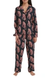 Desmond & Dempsey Long Sleeve Cotton Pajamas In Tiger Navy/pink