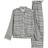 Desmond & Dempsey Long Sleeve Linen Pajamas In Gingham Linen Black/white