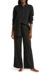 Desmond & Dempsey Long Sleeve Linen Pajamas In Plain Linen Black