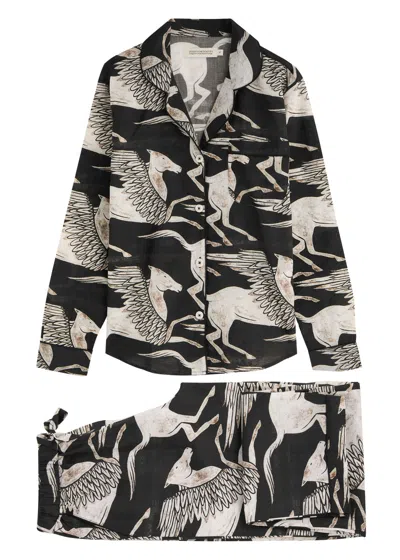 Desmond & Dempsey Pegasus Printed Cotton Pyjama Set In Black