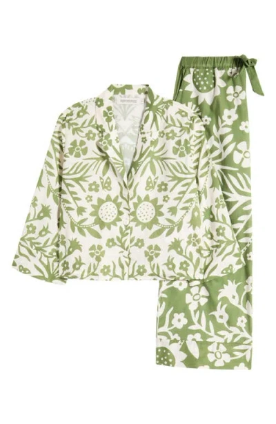 Desmond & Dempsey Print Boxy Wide Leg Cotton Pajamas In Green