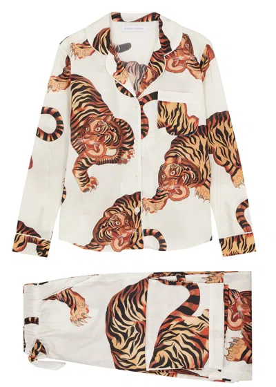 Desmond & Dempsey Rayas Tiger-print Cotton Pyjama Set In Neutral