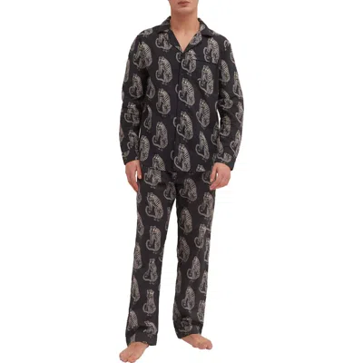 Desmond & Dempsey Tiger Print Long Sleeve Cotton Pajamas In Black/cream
