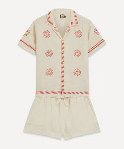 Desmond & Dempsey Women's Helios Oat Embroidery Linen Cuban Pyjama Set