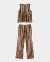 Desmond & Dempsey Pleated Cami Lounge Set In Gingham 50's Voile Brown/cream