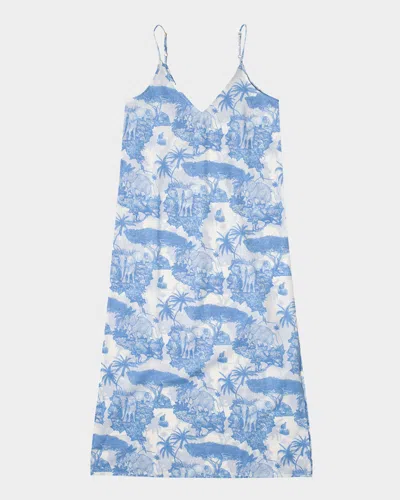 Desmond & Dempsey Toile-print Cotton Slip Nightie In Loxodonta Blue/reverse
