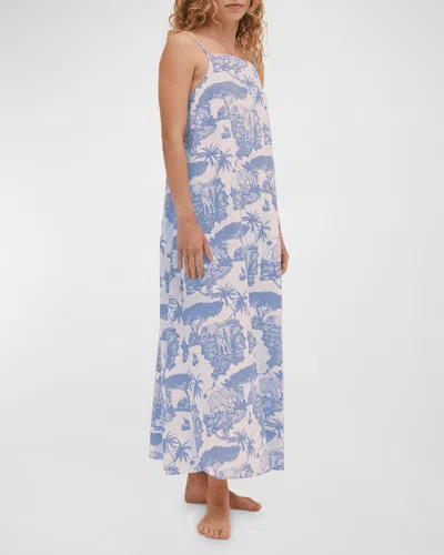 Desmond & Dempsey Voile-print Cotton Nightie In Blue/rever