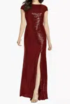 Dessy Cap Sleeve Elle Sequin Dress With Low Cowl Back In Burgundy In White