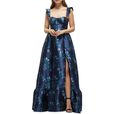 Dessy Collection Baroque Rose Structured Bodice Gown In Midnight Navy Damask