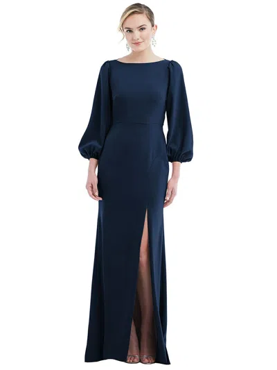 Dessy Collection Bishop Sleeve Open-back Trumpet Gown With Scarf Tie In Blue