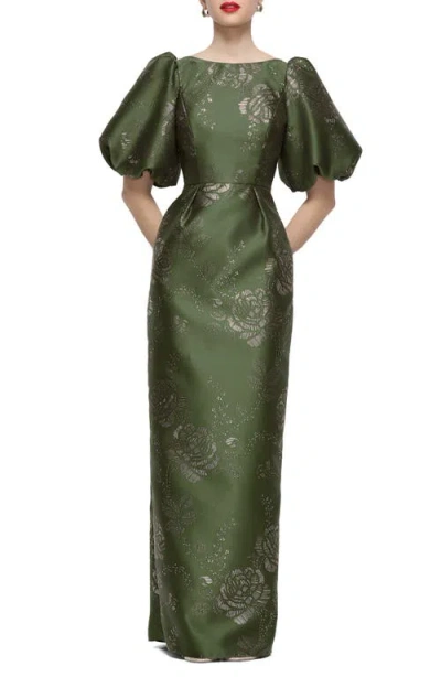 Dessy Collection Blaine Gilt Floral Puff Sleeve Satin Twill Column Gown In Green