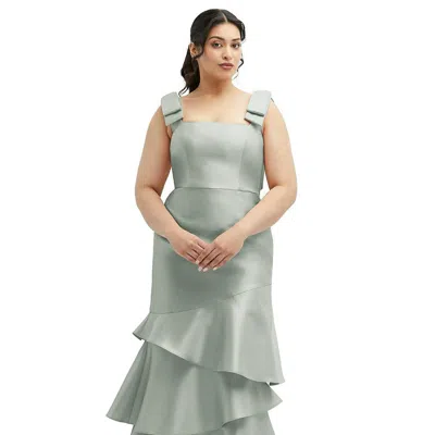 DESSY COLLECTION BOW-SHOULDER SATIN MIDI DRESS WITH ASYMMETRICAL TIERED SKIRT