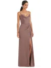 Dessy Collection Cowl-neck Draped Wrap Maxi Dress With Front Slit In Brown