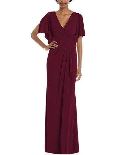 Dessy Collection Faux Wrap Split Sleeve Maxi Dress With Cascade Skirt In Cabernet