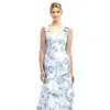 DESSY COLLECTION FLORAL BOW-SHOULDER SATIN MAXI DRESS WITH ASYMMETRICAL TIERED SKIRT