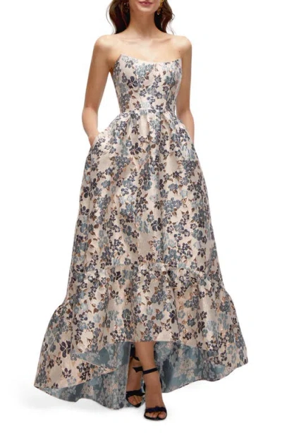 Dessy Collection Floral Brocade High-low Gown In Indigo Midnight