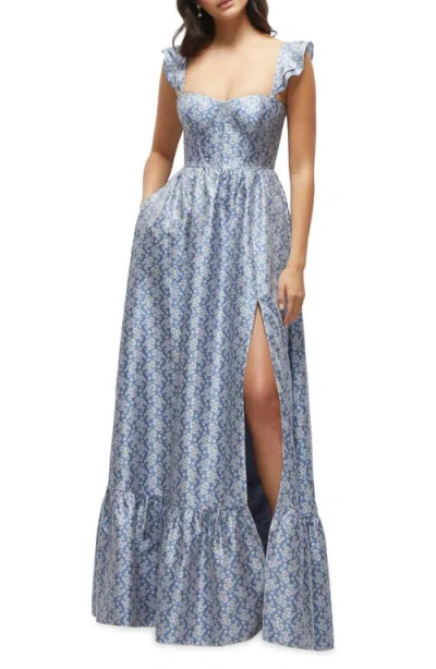 Dessy Collection Floral Jacquard Corset Bodice Gown In Blue