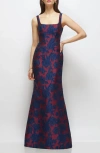 Dessy Collection Floral Jacquard Sleeveless Trumpet Gown In Blue