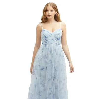 Dessy Collection Floral Ruched Wrap Bodice Tulle Dress With Long Full Skirt In Blue