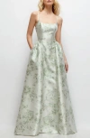 Dessy Collection Floral Sleeveless Satin Ballgown In Sage Cottage Rose