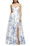 Dessy Collection Floral Strapless Bustier Bodice Satin Gown In Cottage Rose