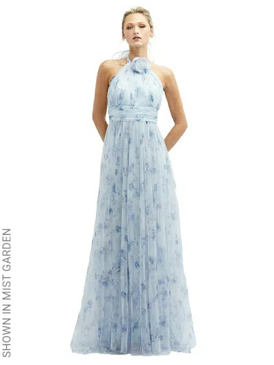 DESSY COLLECTION FLORAL TIE-BACK HALTER TULLE DRESS WITH LONG FULL SKIRT & ROSETTE DETAIL