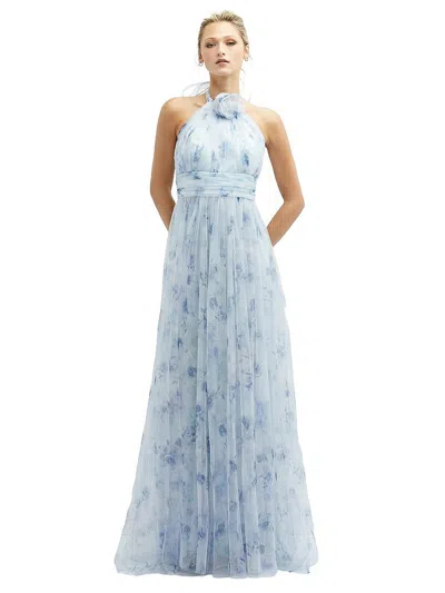 DESSY COLLECTION FLORAL TIE-BACK HALTER TULLE DRESS WITH LONG FULL SKIRT & ROSETTE DETAIL
