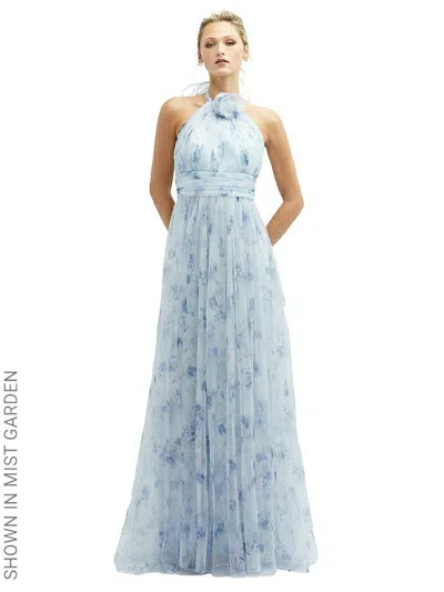 Dessy Collection Floral Tie-back Halter Tulle Dress With Long Full Skirt & Rosette Detail In Blue