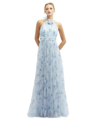 Dessy Collection Floral Print Tulle Gown In Blue