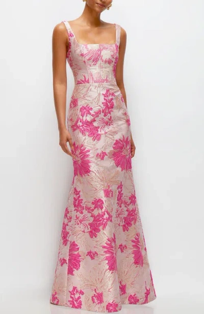 Dessy Collection Hibiscus Square Neck Trumpet Gown In Pink Multi