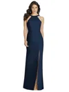 DESSY COLLECTION HIGH-NECK BACKLESS CREPE TRUMPET GOWN