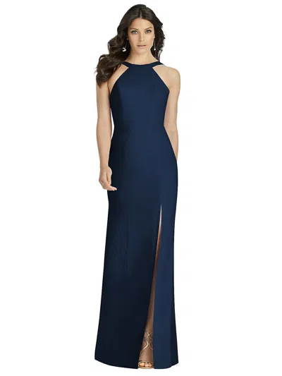 Dessy Collection High-neck Backless Crepe Trumpet Gown In Blue