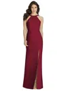 DESSY COLLECTION HIGH-NECK BACKLESS CREPE TRUMPET GOWN