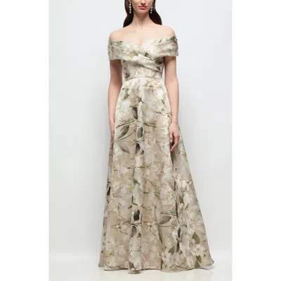 Dessy Collection Karr Metallic Floral Jacquard Off The Shoulder Organza Gown In Neutral