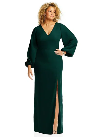 Dessy Collection Long Puff Sleeve V-neck Trumpet Gown In Green