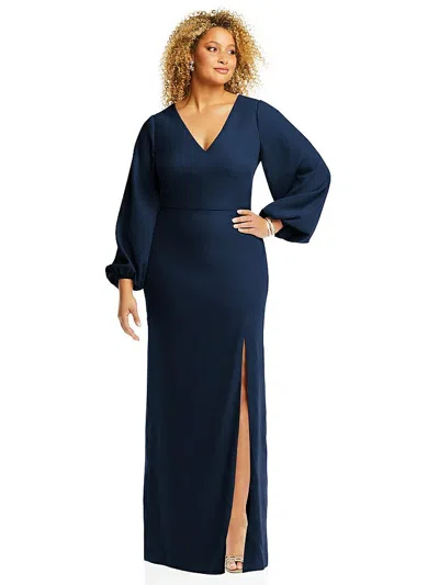 Dessy Collection Long Puff Sleeve V-neck Trumpet Gown In Blue